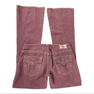 True Religion Pink Corduroy Flare Leg Joey Big T Pants Thick Stitch Size 29